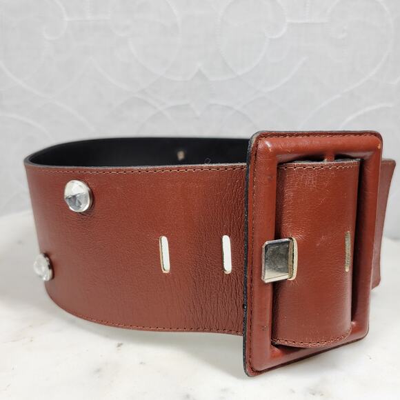 Vintage Yves Saint Laurent Wide Belt S Brown Leather‎ Buckle Rhinestone Rivets main image 8